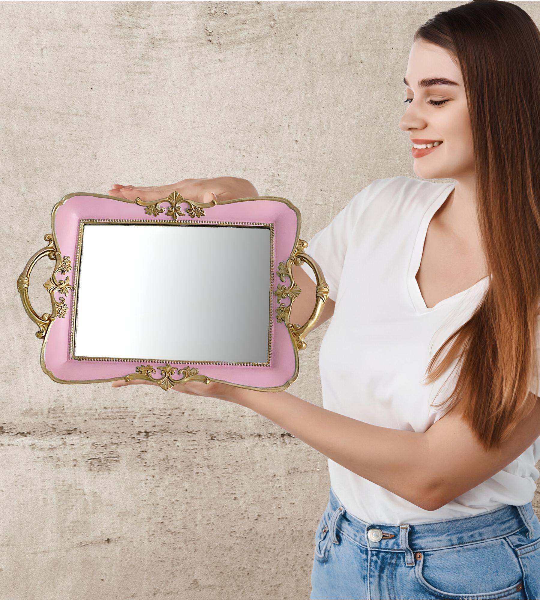 Bandeja Espejo Rosa Organizador Adorno Decorativo Jhn-7