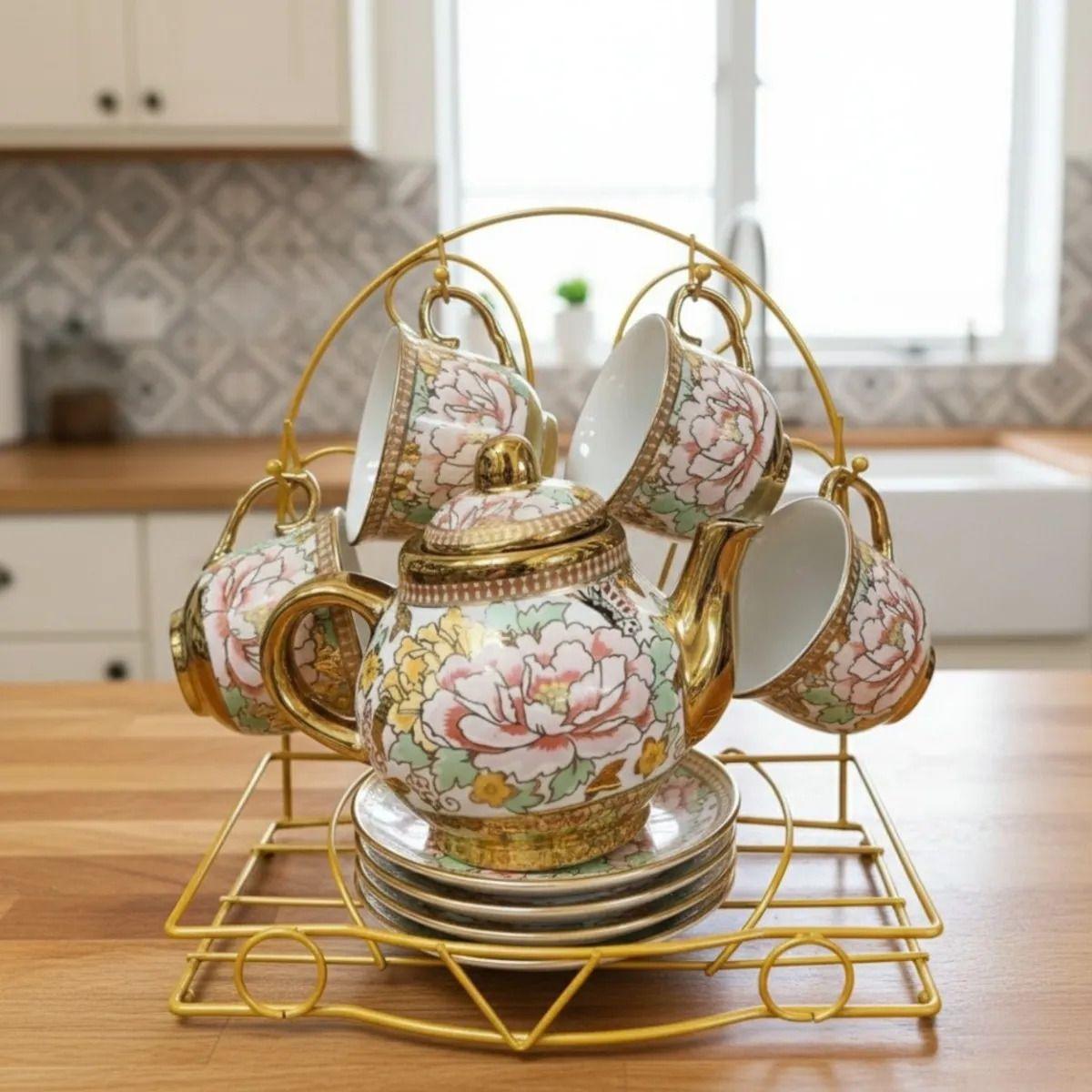 Juego Té Diseño Floral Tetera Soporte Organizador Hogar Jhn-1