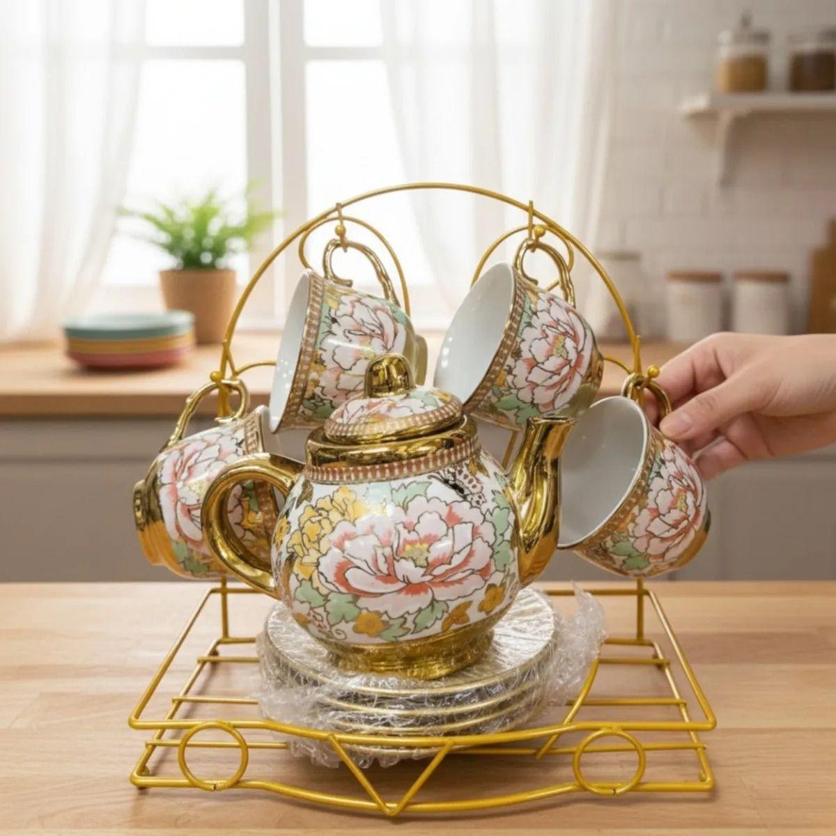 Juego Té Diseño Floral Tetera Soporte Organizador Hogar Jhn-6
