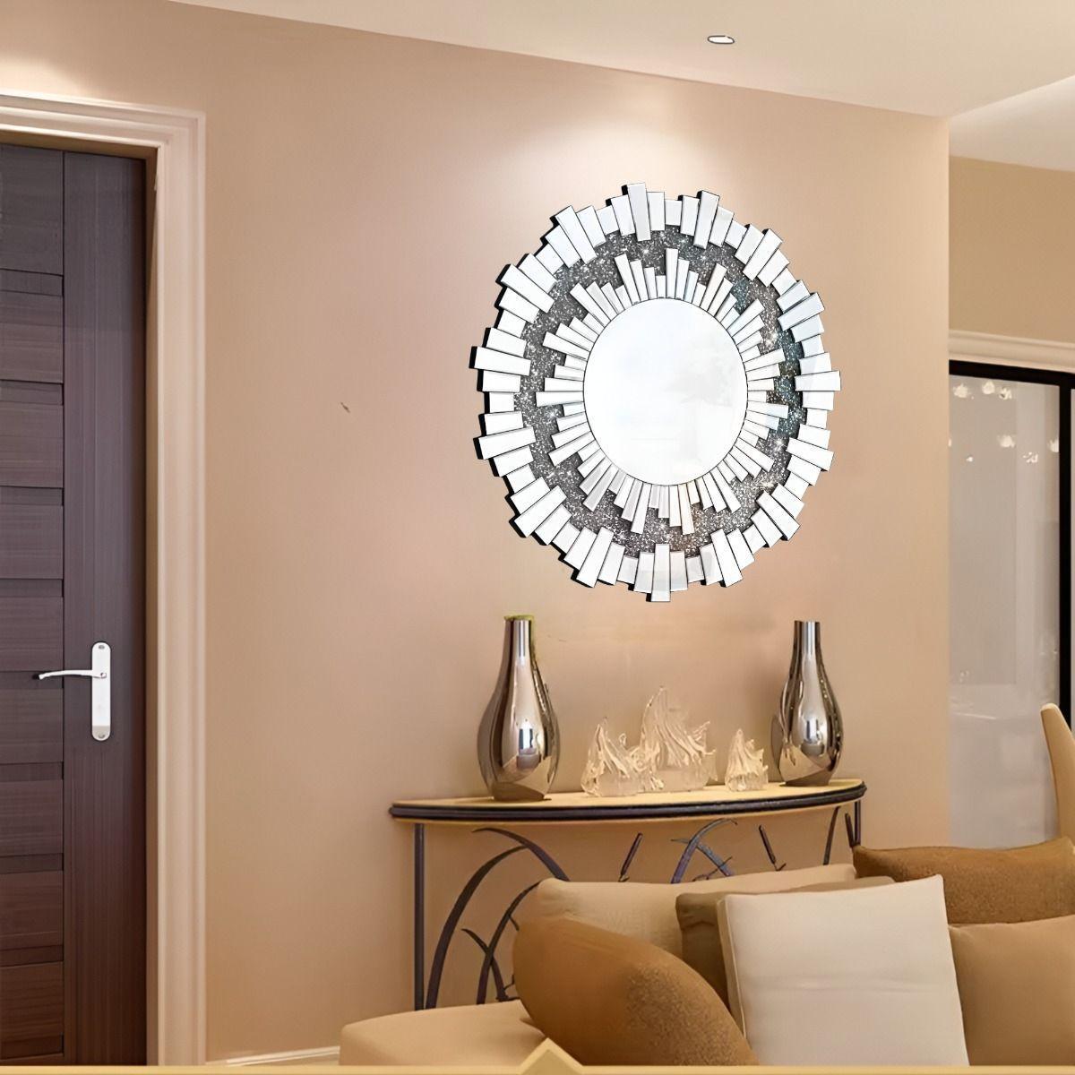 Espejo Redondo Decoración Pared Plateado Moderno Grande Jhn-0