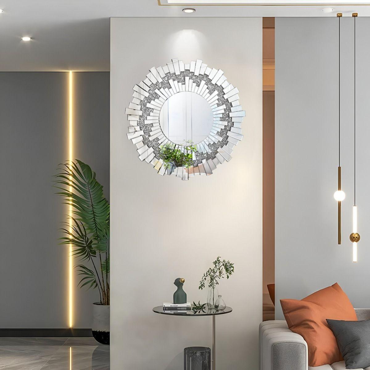 Espejo Redondo Decoración Pared Plateado Moderno Grande Jhn-7