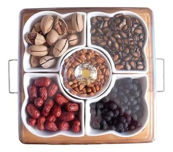 Juego Soporte Snacks Servir Salsas 5 Cuencos Base Bambú Jhn-2