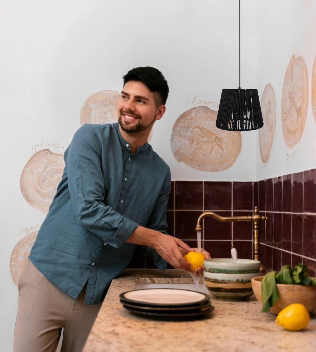 Lámpara Colgante Techo Negra Mimbre Tejido Bohemia Jhn-5