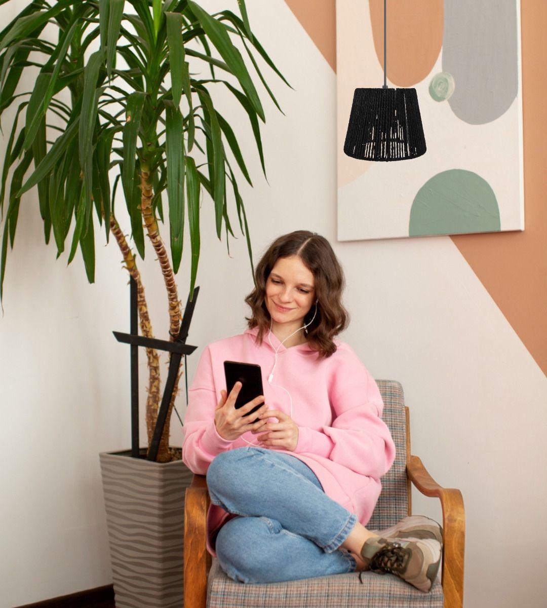 Lámpara Colgante Techo Negra Mimbre Tejido Bohemia Jhn-6