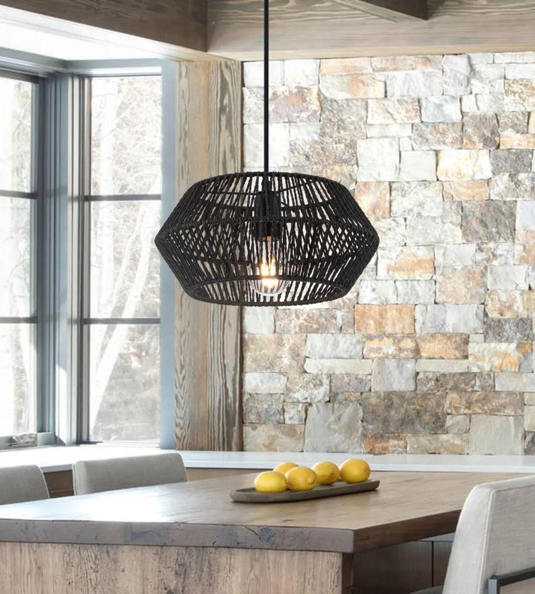 Lámpara Techo Colgante Jaula Ratán Tejida Bohemio Negro Jhn-0