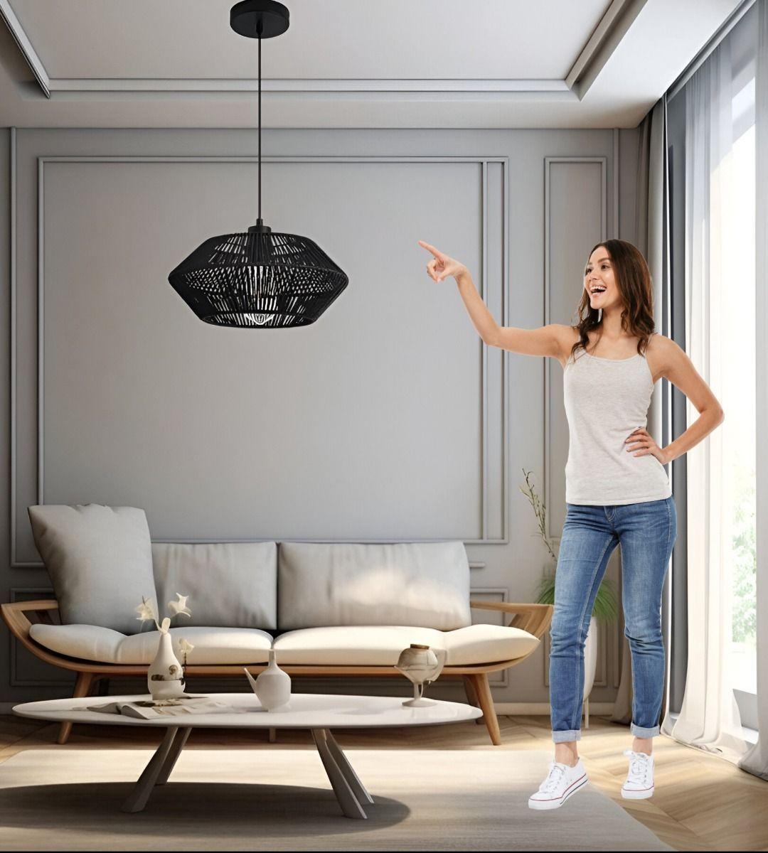 Lámpara Techo Colgante Jaula Ratán Tejida Bohemio Negro Jhn-4