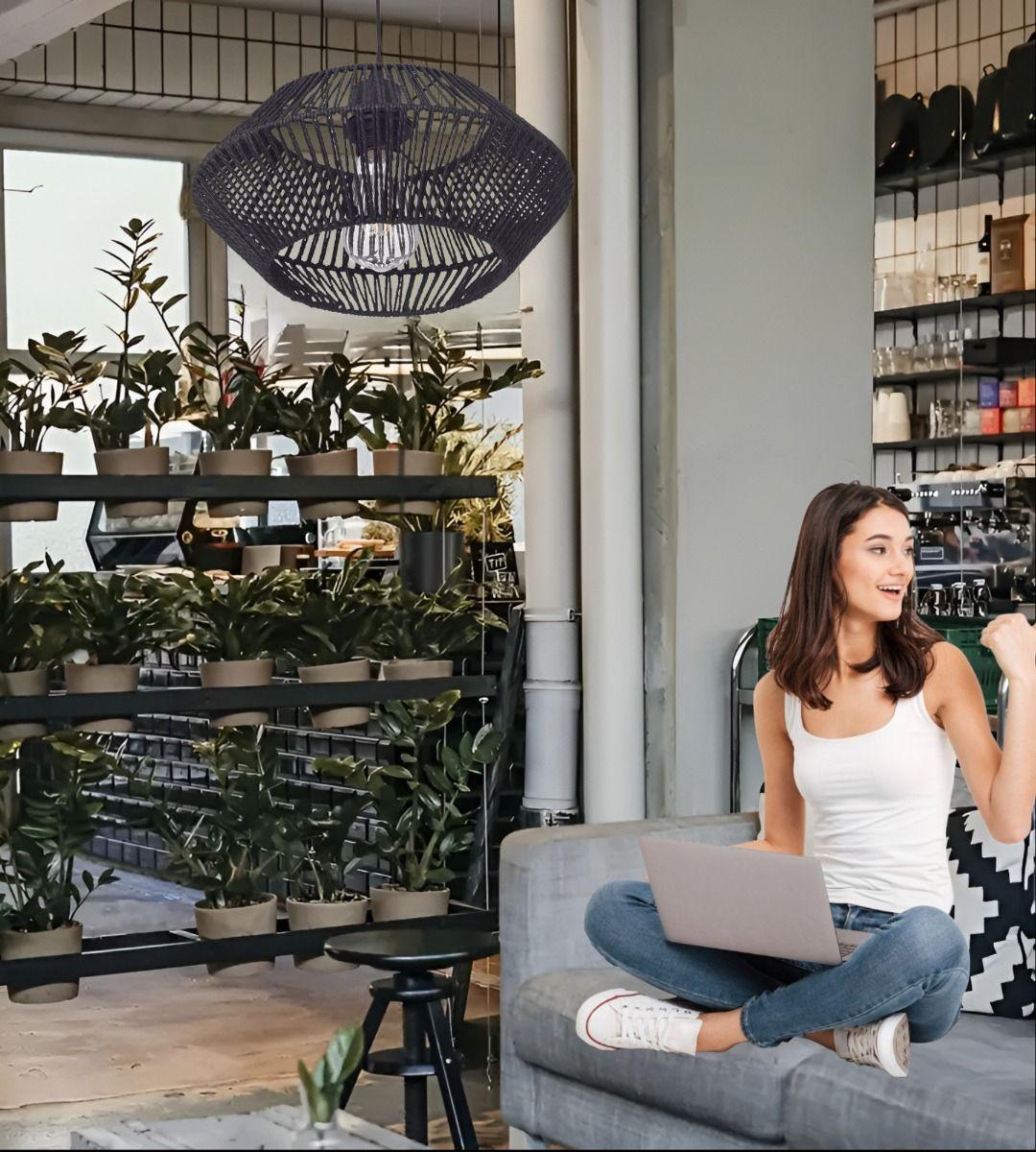 Lámpara Techo Colgante Jaula Ratán Tejida Bohemio Negro Jhn-7