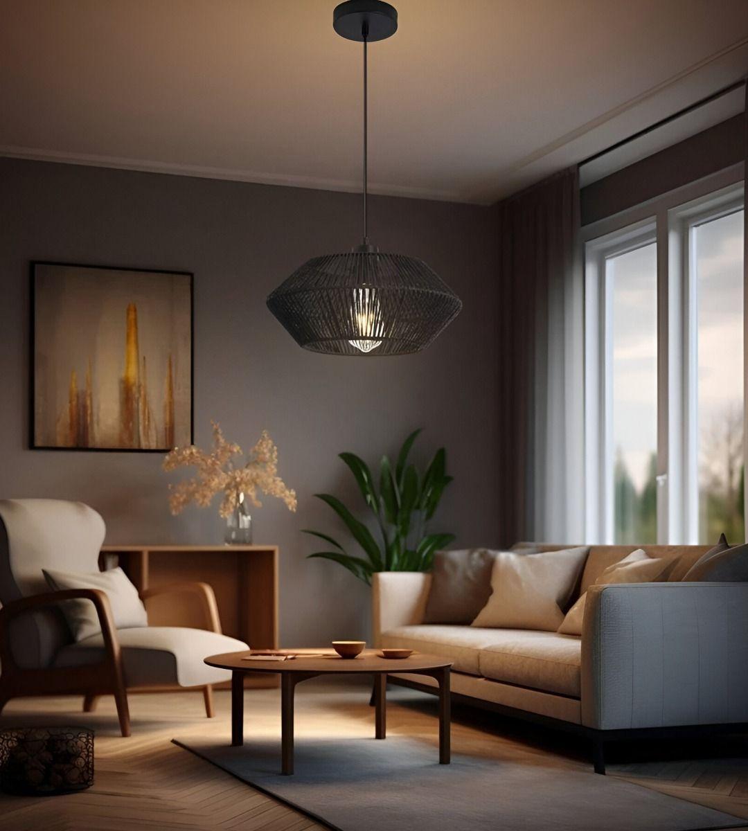 Lámpara Techo Colgante Jaula Ratán Tejida Bohemio Negro Jhn-8