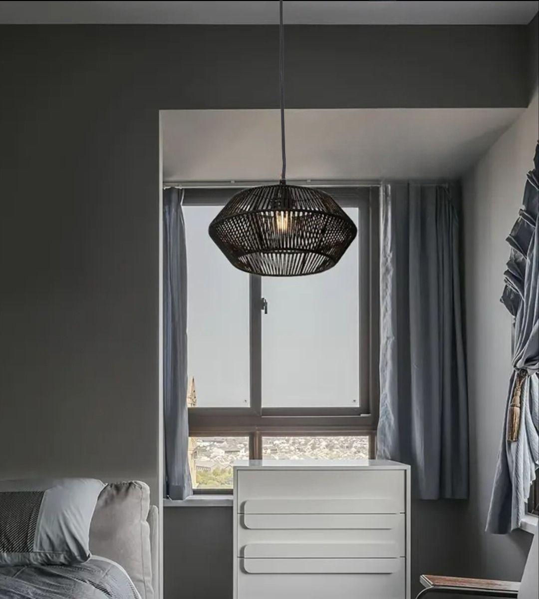 Lámpara Techo Colgante Jaula Ratán Tejida Bohemio Negro Jhn-9