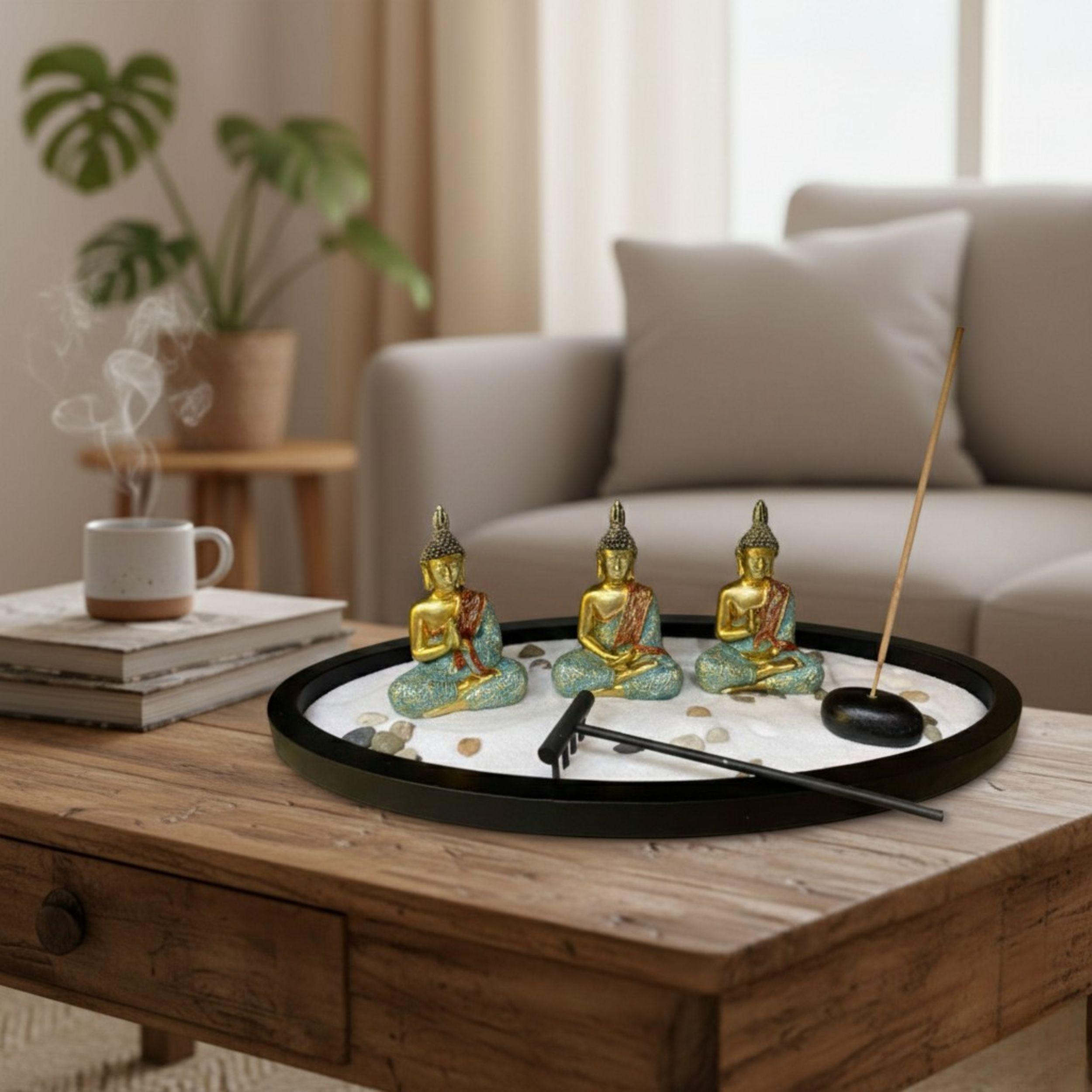 Jardin Zen Decorativo 3 Budas Rastrillo Incienso Piedras ALJ-4