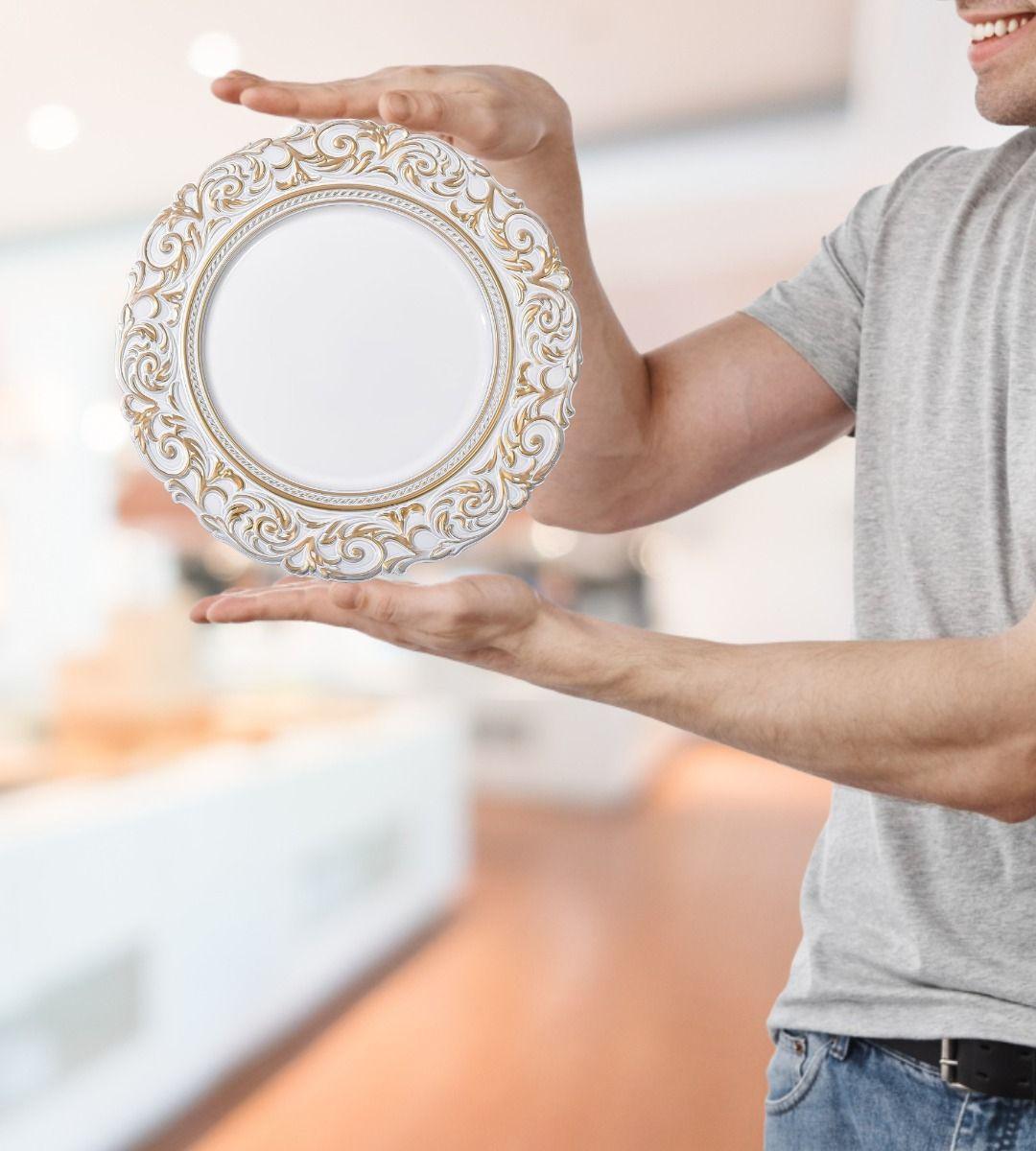 Set 3 Plato Blanco Borde Dorado Mesa Relieve Decorativo Jhn-5