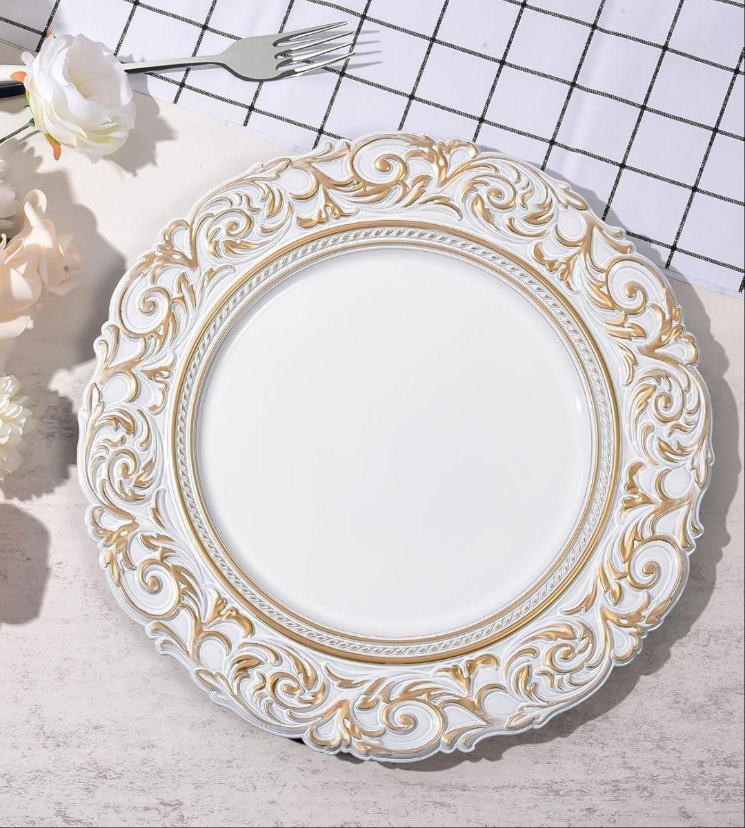 Set 3 Plato Blanco Borde Dorado Mesa Relieve Decorativo Jhn-7
