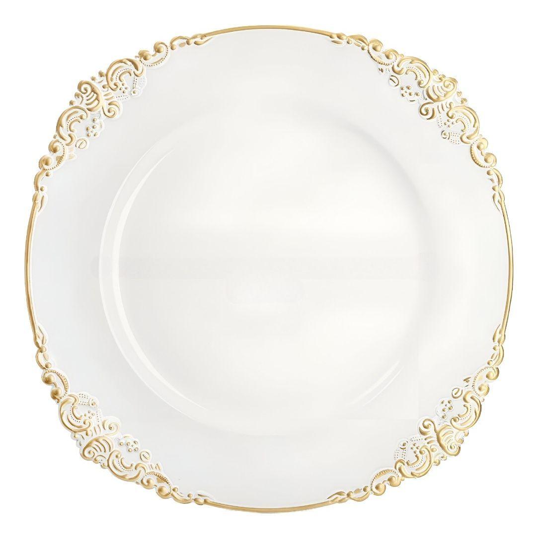 Set 3 Bajo Plato Base Decorativo Blanco Y Borde Dorado Jhn-2