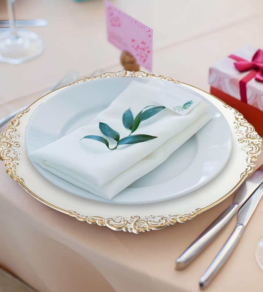 Set 3 Bajo Plato Base Decorativo Blanco Y Borde Dorado Jhn-8