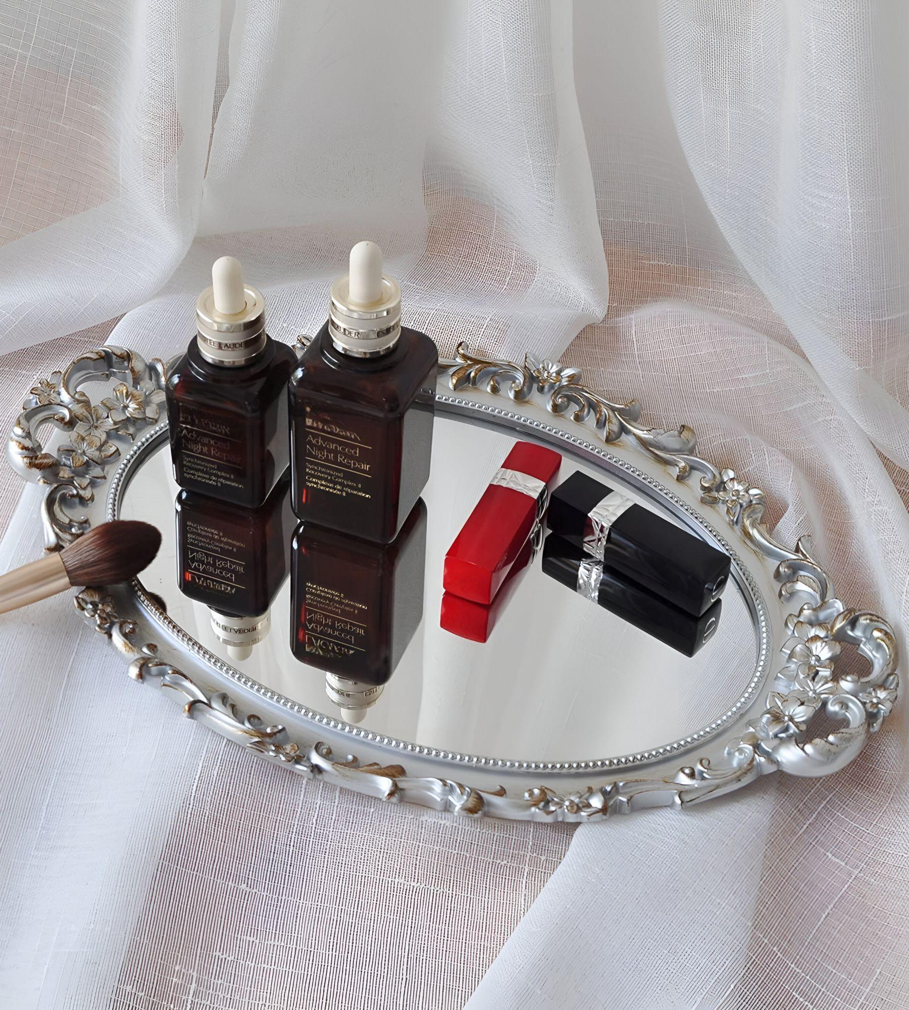 Set 2 Bandeja Espejo Plateada Decorativa Organizador Jhn-7