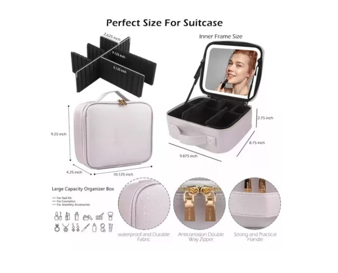 Maleta De Maquillaje Con Espejo Luz Led Organizador Cosmetico blanca-2