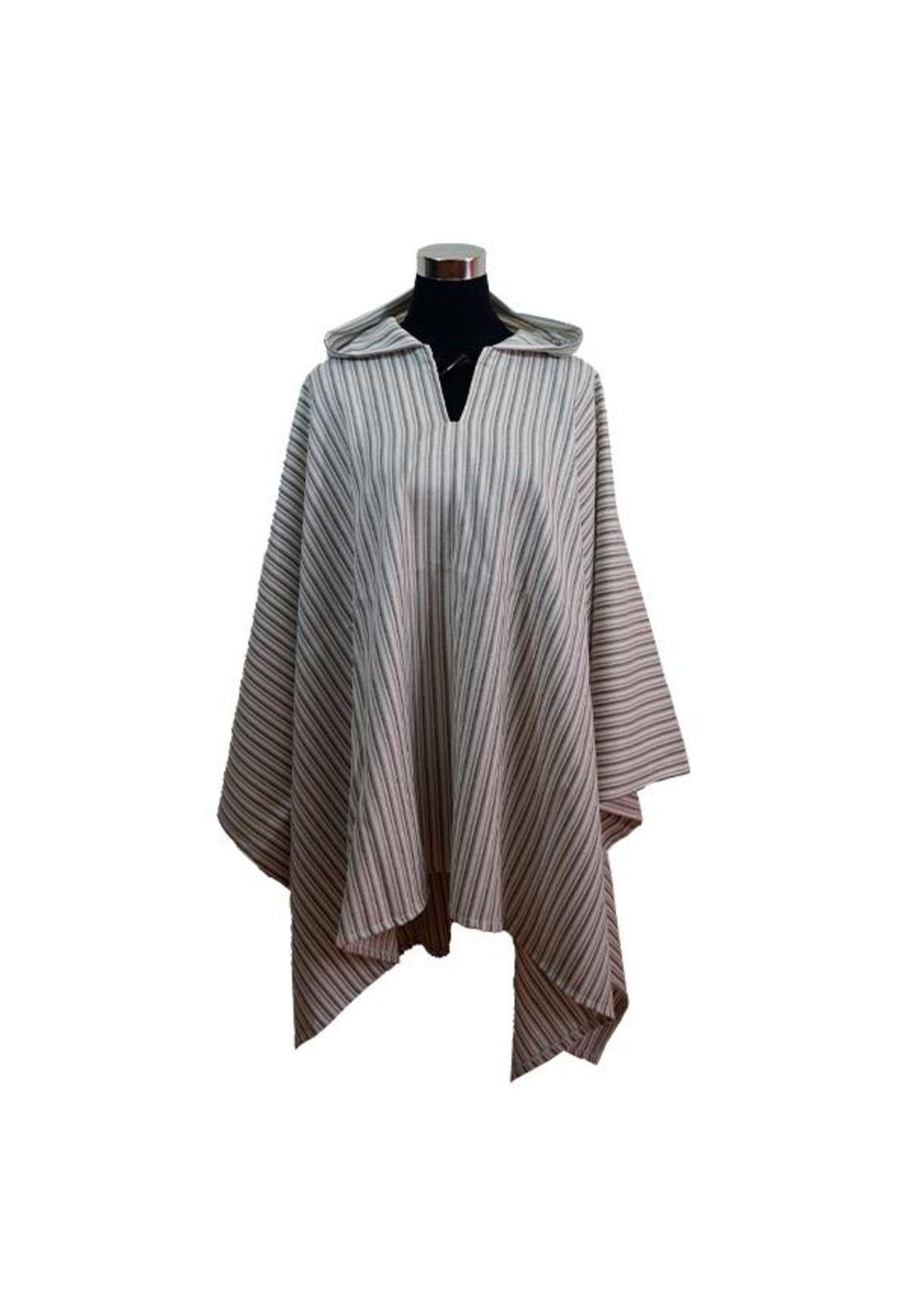 Poncho Capucha Listado 100% Lana - Largo - Blanco Negro-1