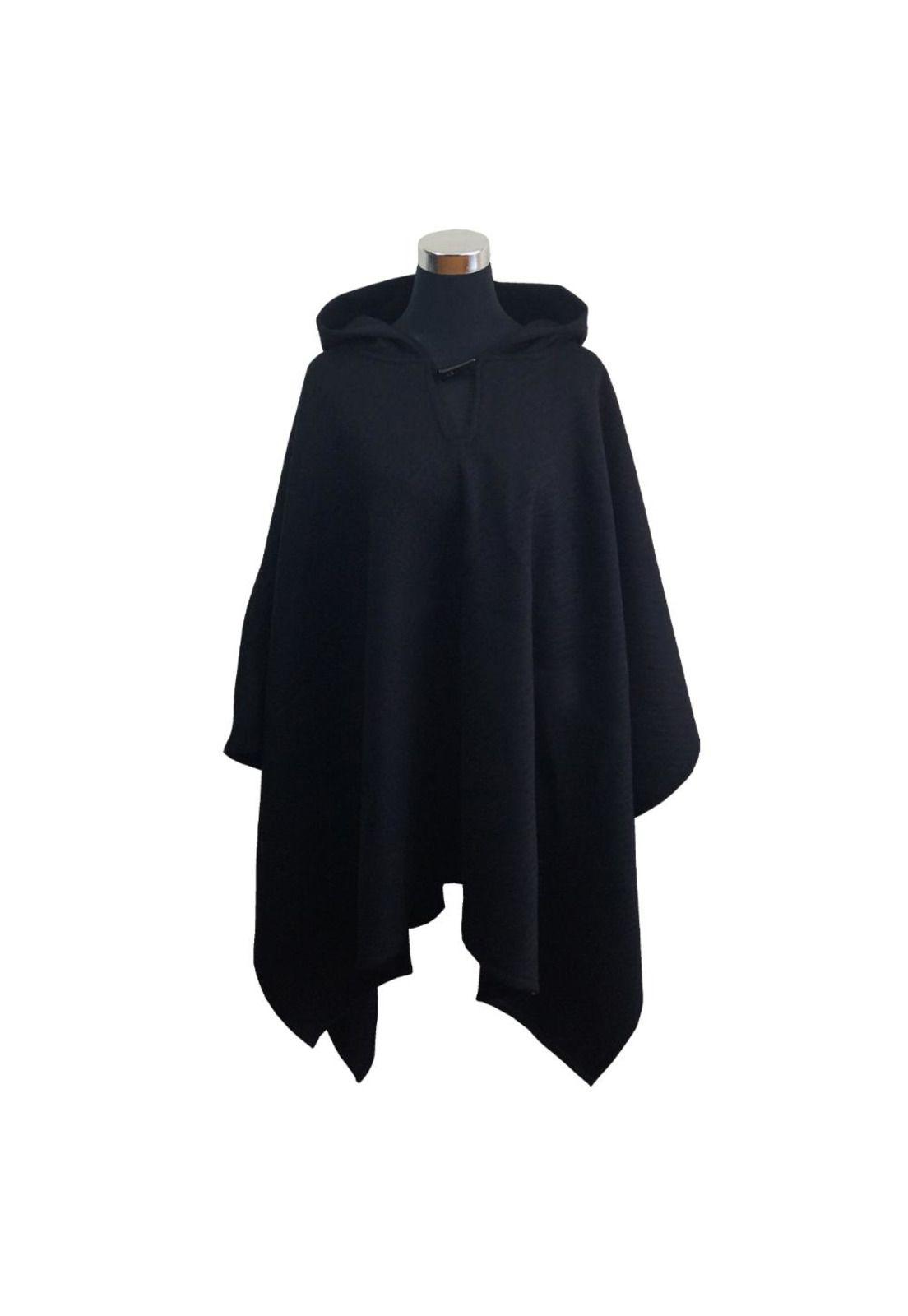 Poncho Tweed Capucha 100% Lana - Largo - Negro-0