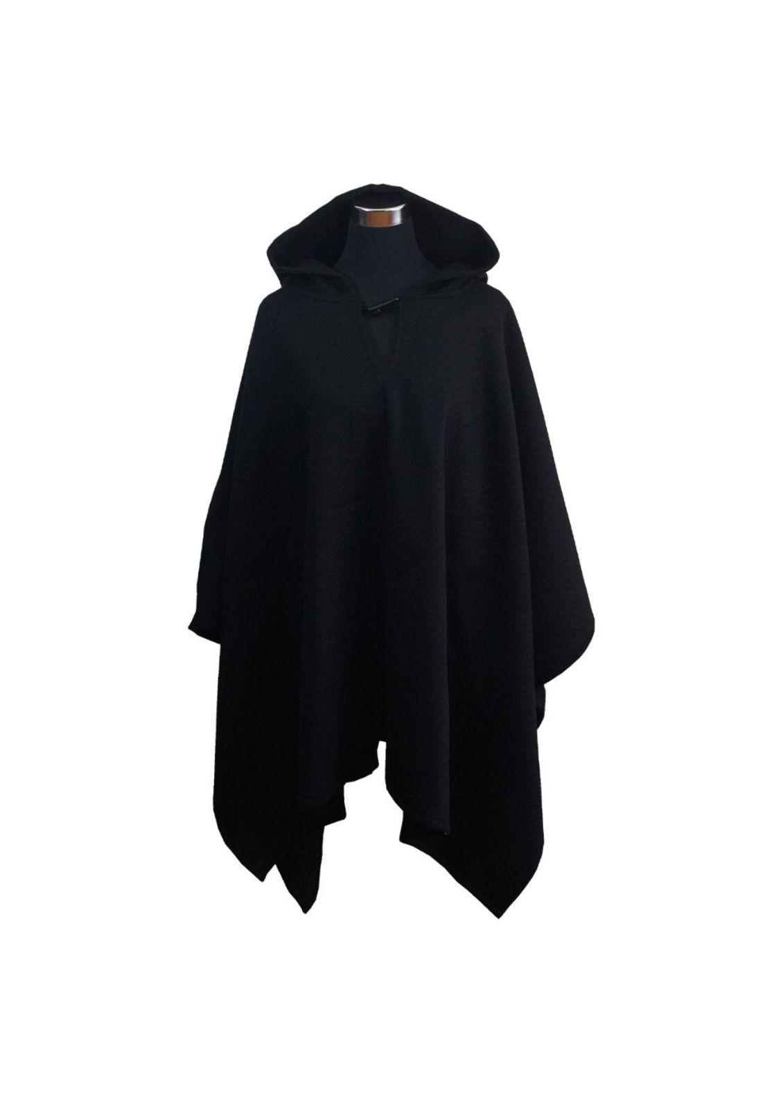 Poncho Tweed Capucha 100% Lana - Largo - Negro-1