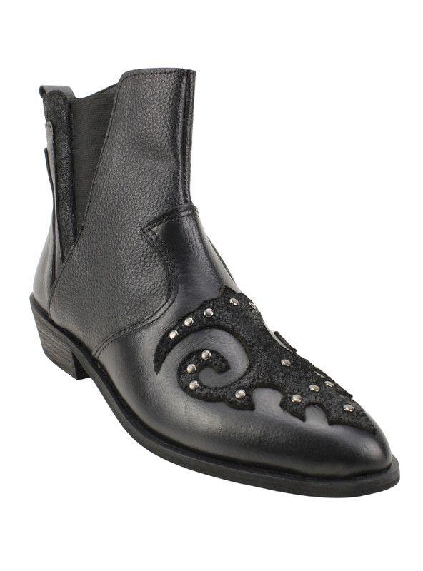 Botín Exs Vaquero Tachas Cuero Negro-2