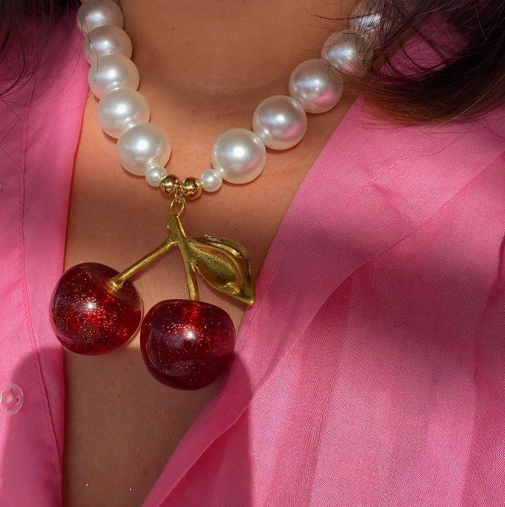 Collar de perlas cereza mujer blanco moda-2