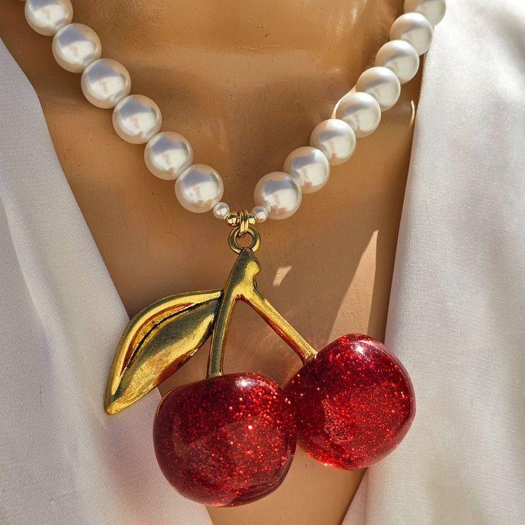 Collar de perlas cereza mujer blanco moda-3