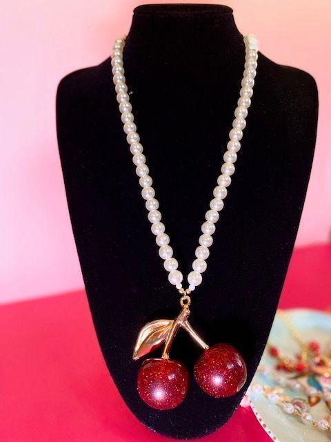 Collar de perlas cereza mujer blanco moda-0