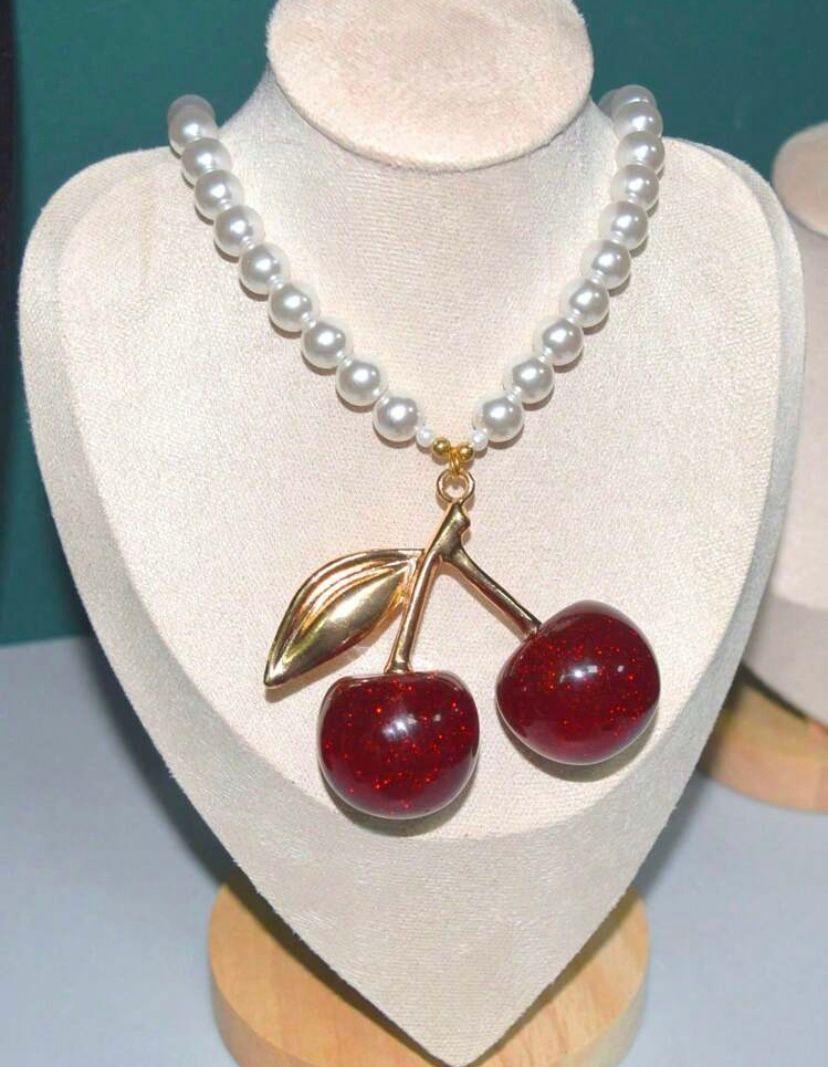 Collar de perlas cereza mujer blanco moda-1