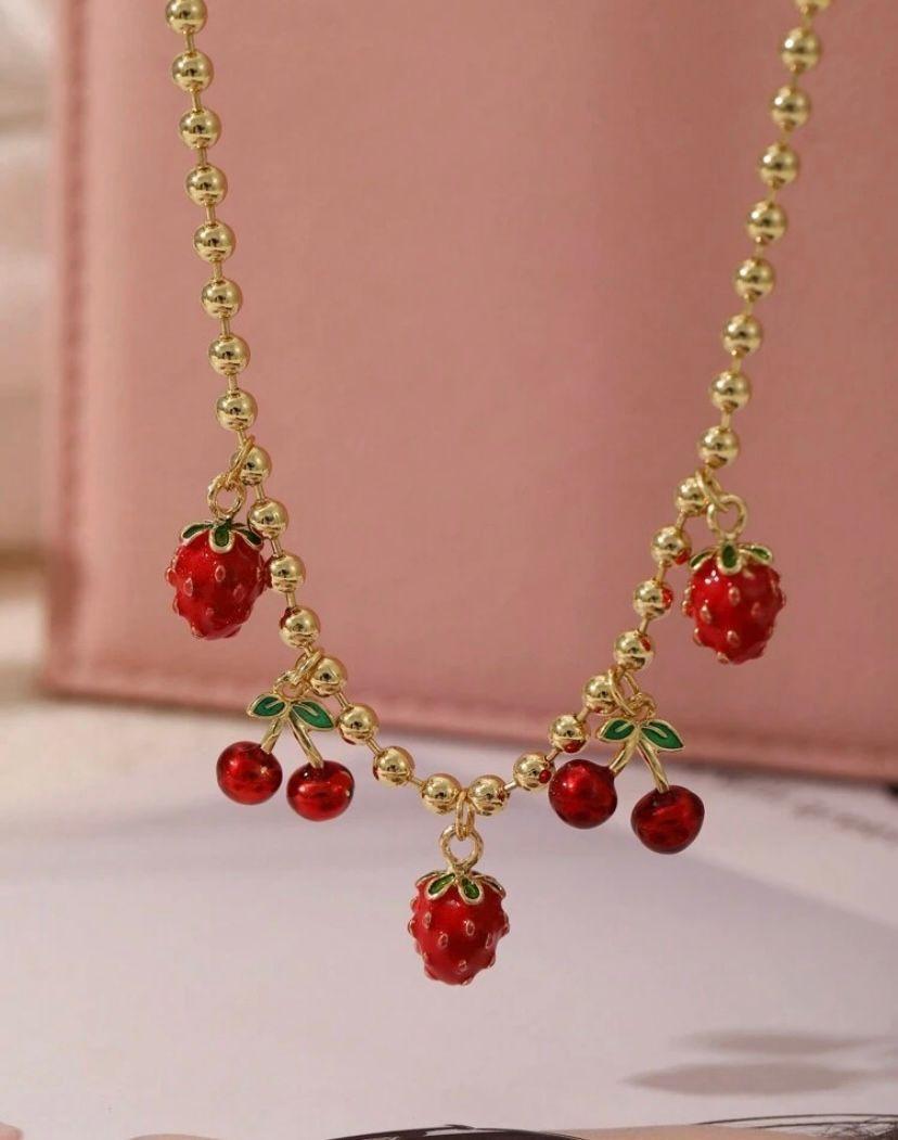 COLLAR COLGANTE MUJER CON FORMA DE FRUTILLA Y CEREZA-3
