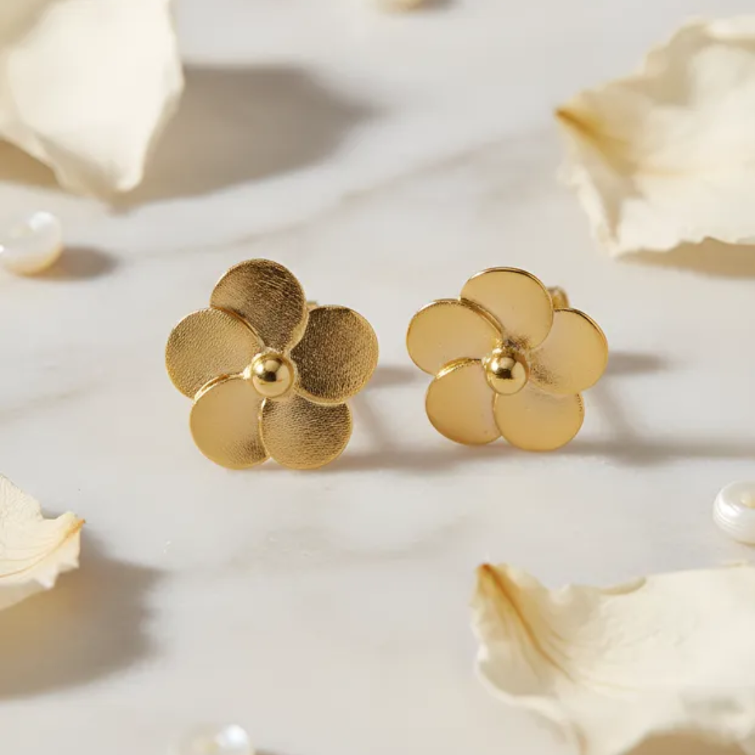 Aros Enchapado En Oro Flor De P talos Lisos Con Bot n-2