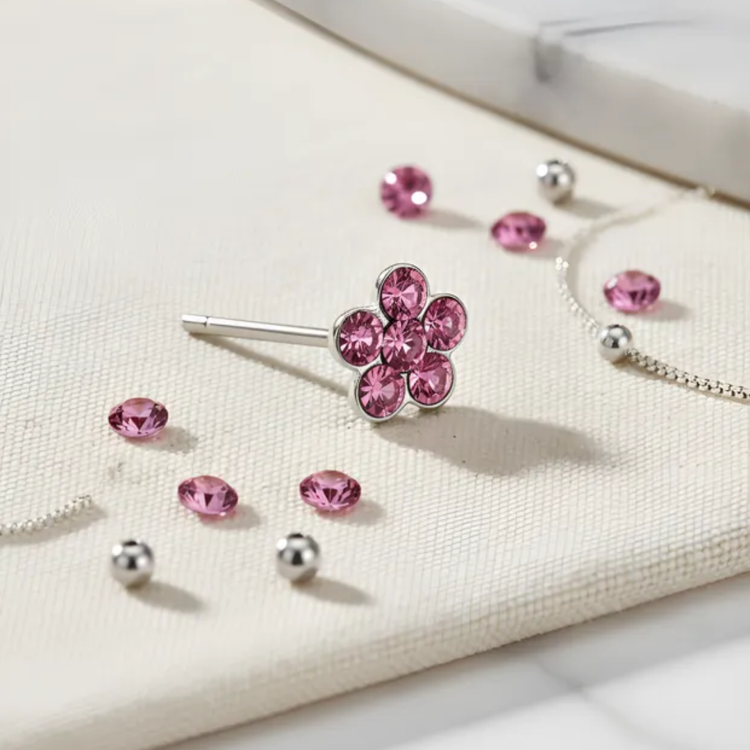 Aros De Plata 925 Piercing Flor Con Circones rosas-2