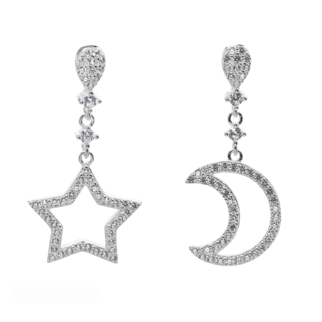 Aros de plata 925 diseno estrella y luna con circones-0