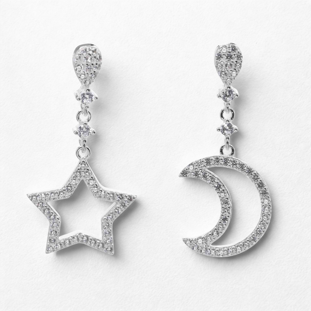 Aros de plata 925 diseno estrella y luna con circones-1