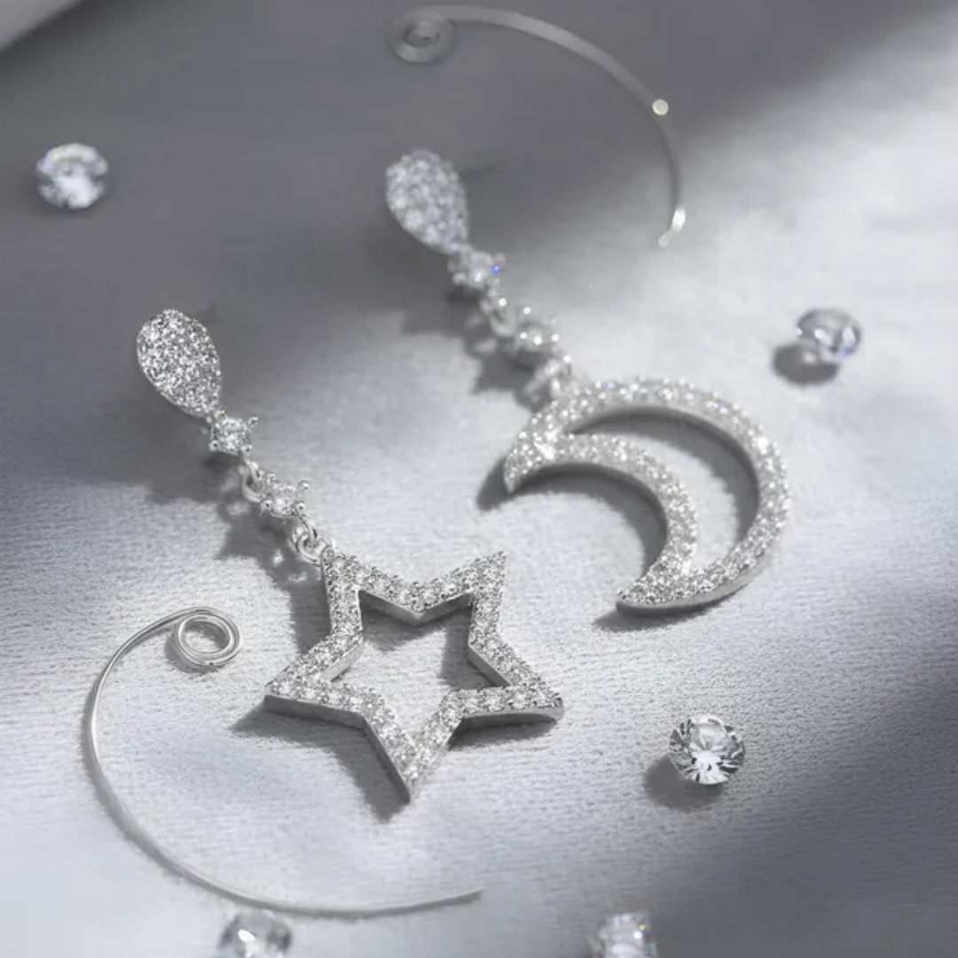 Aros de plata 925 diseno estrella y luna con circones-2