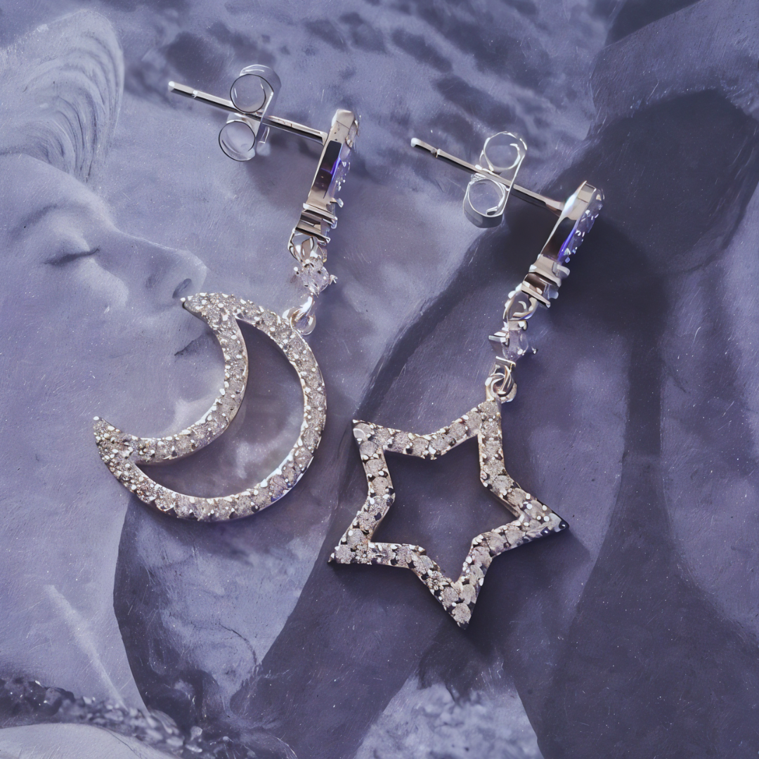 Aros de plata 925 diseno estrella y luna con circones-3