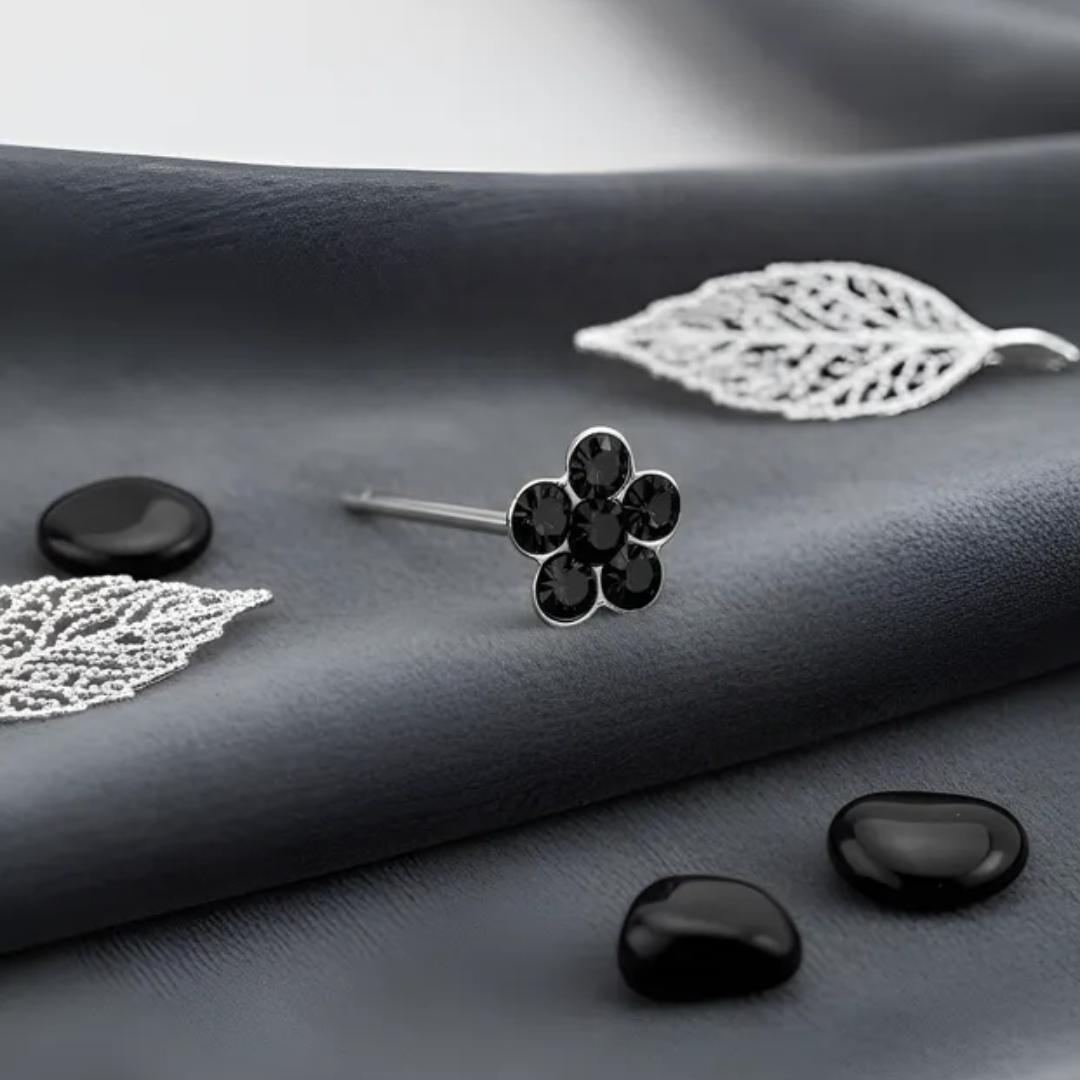 Aros De Plata 925 Piercing Flor Con Circones negros-2