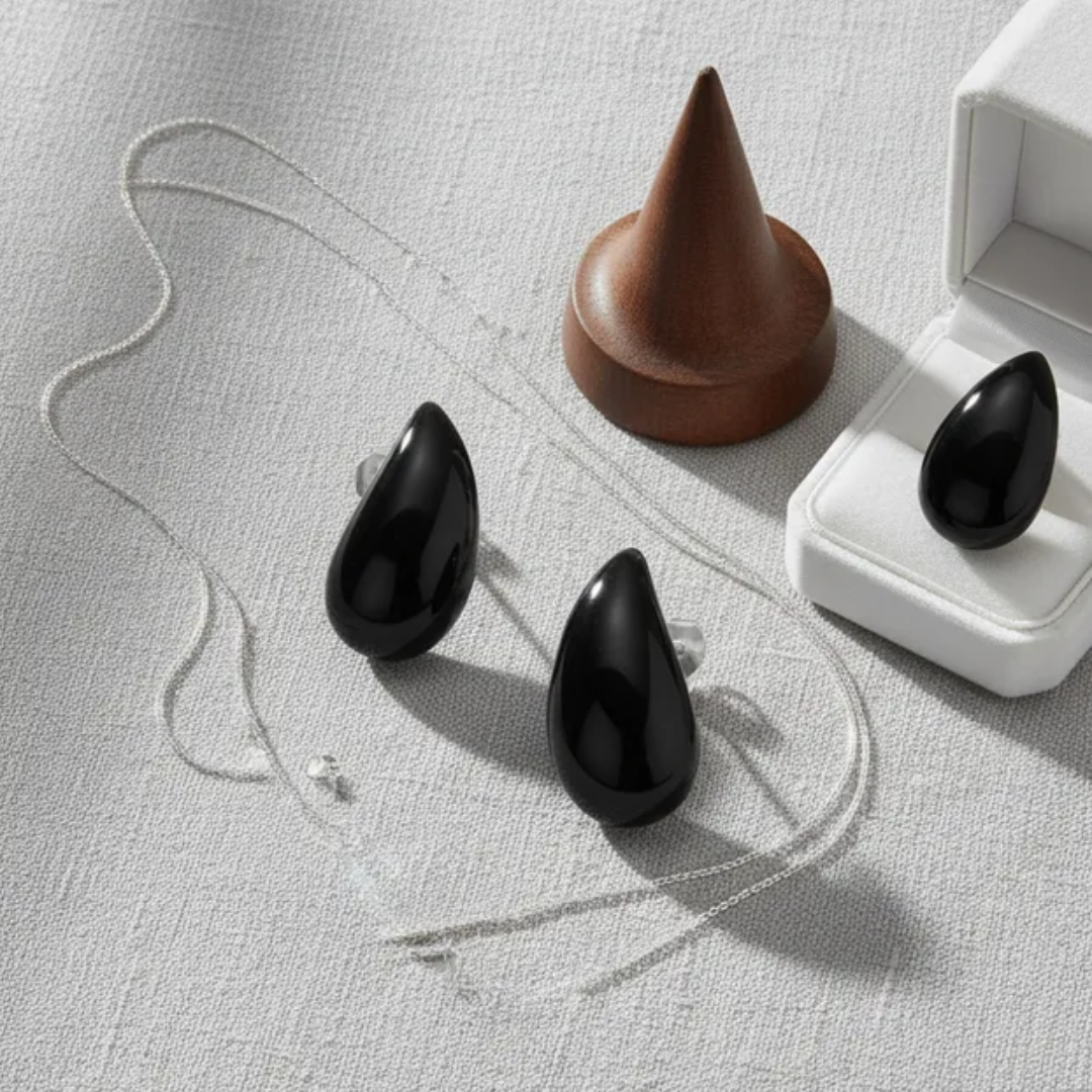 Aros De Plata 925 Gota Chunky Cuarzo negro-2