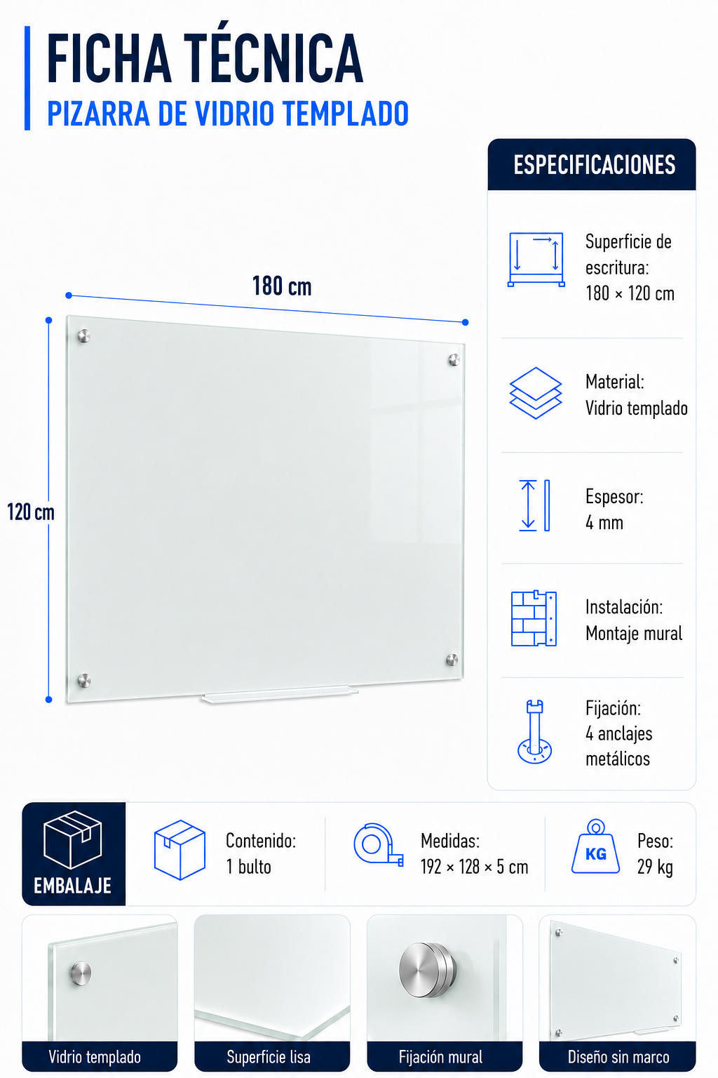 Pizarra Glass Pro VidrioTemplado 120x180cm 4mm-3