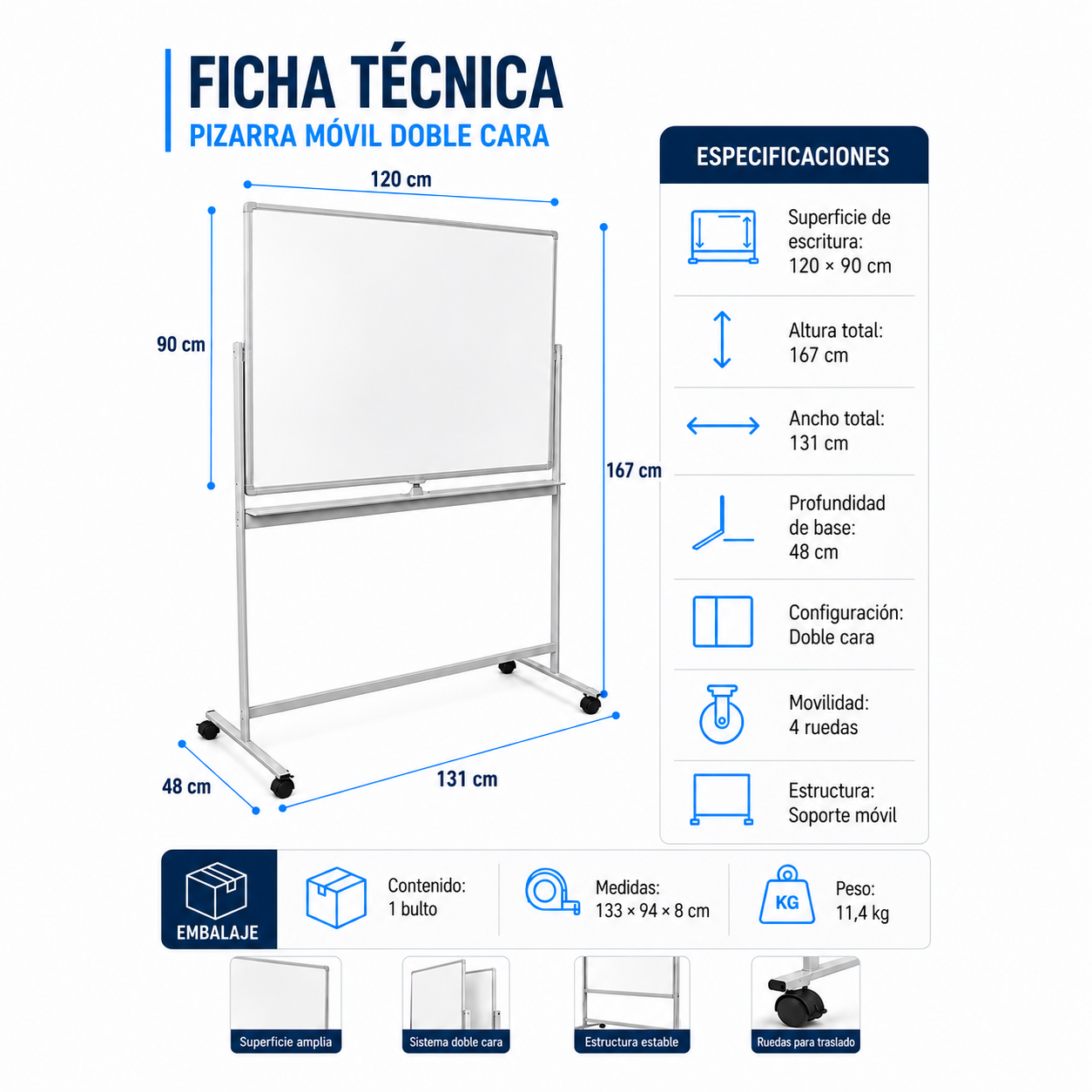 Pizarra Classic Móvil Magnética Doble Cara 90x120cm-4