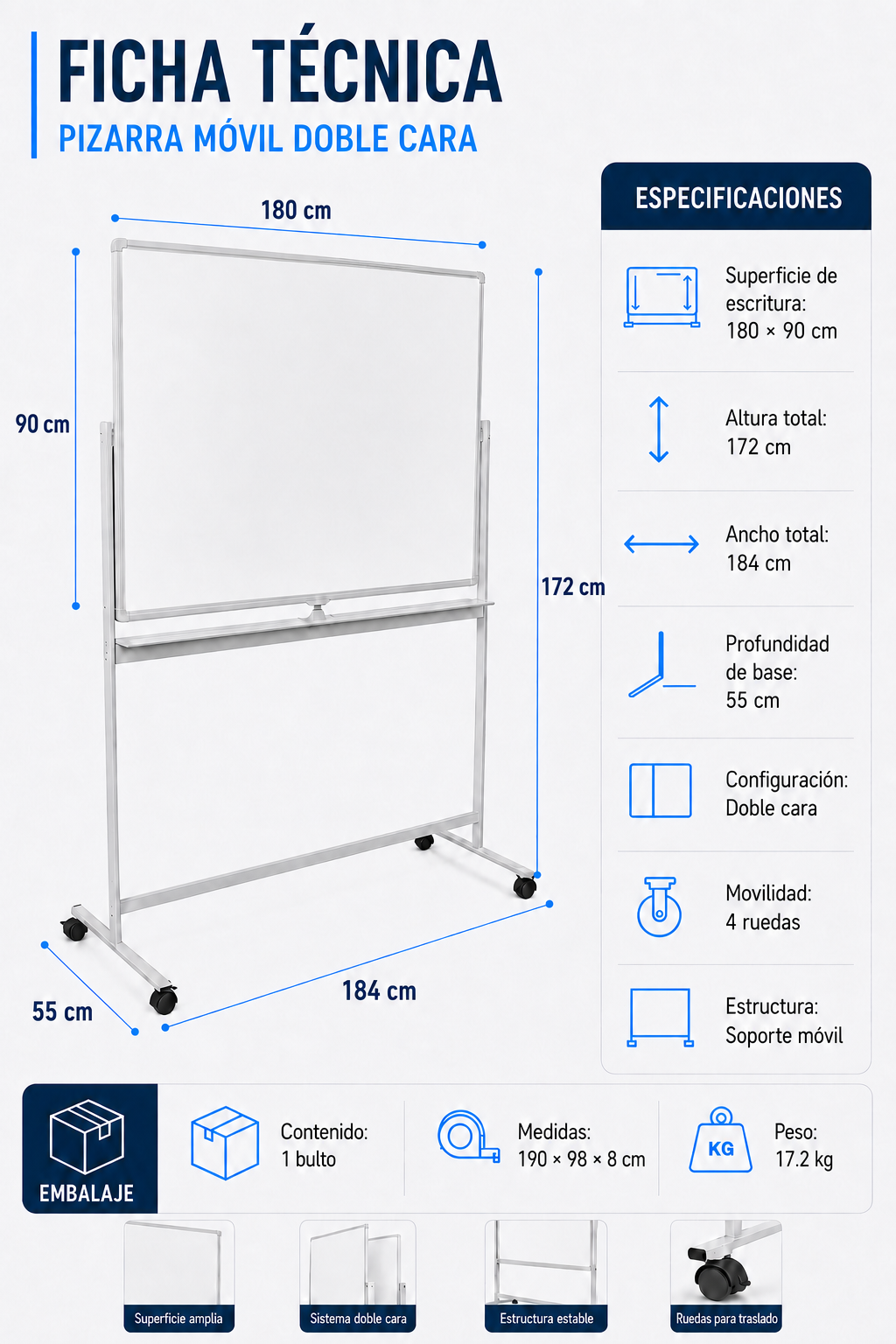 Pizarra Classic Móvil Magnética Doble Cara 90x180 Cm-4