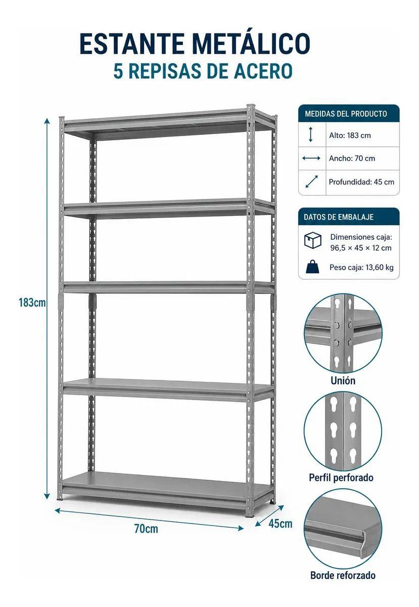 Estante Metálico 5 Repisas Acero 183x70x45cm Gris-3