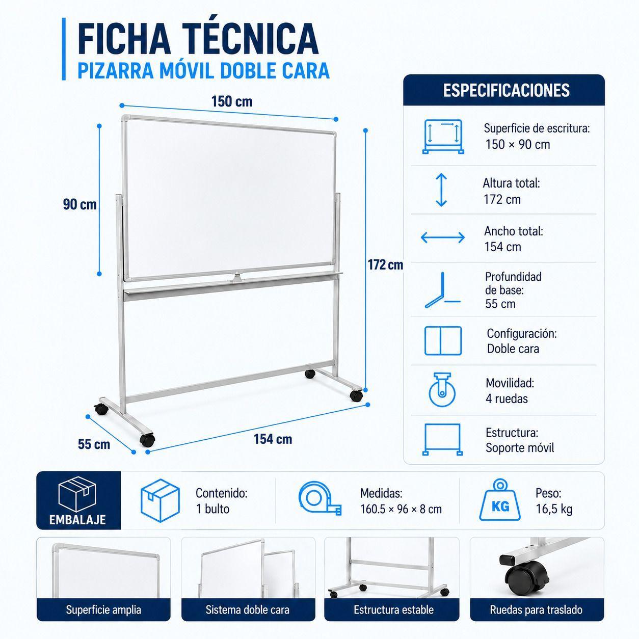 Pizarra Classic Móvil Magnética Doble Cara 90x150 Cm-4