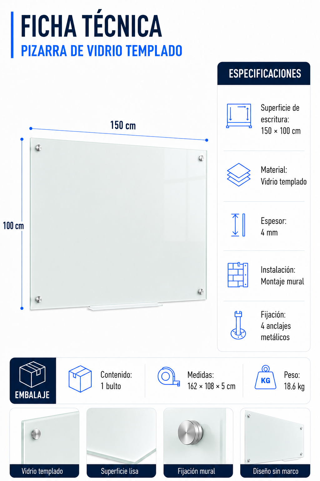 Pizarra Glass Pro Vidrio Templado de 100x150cm-3