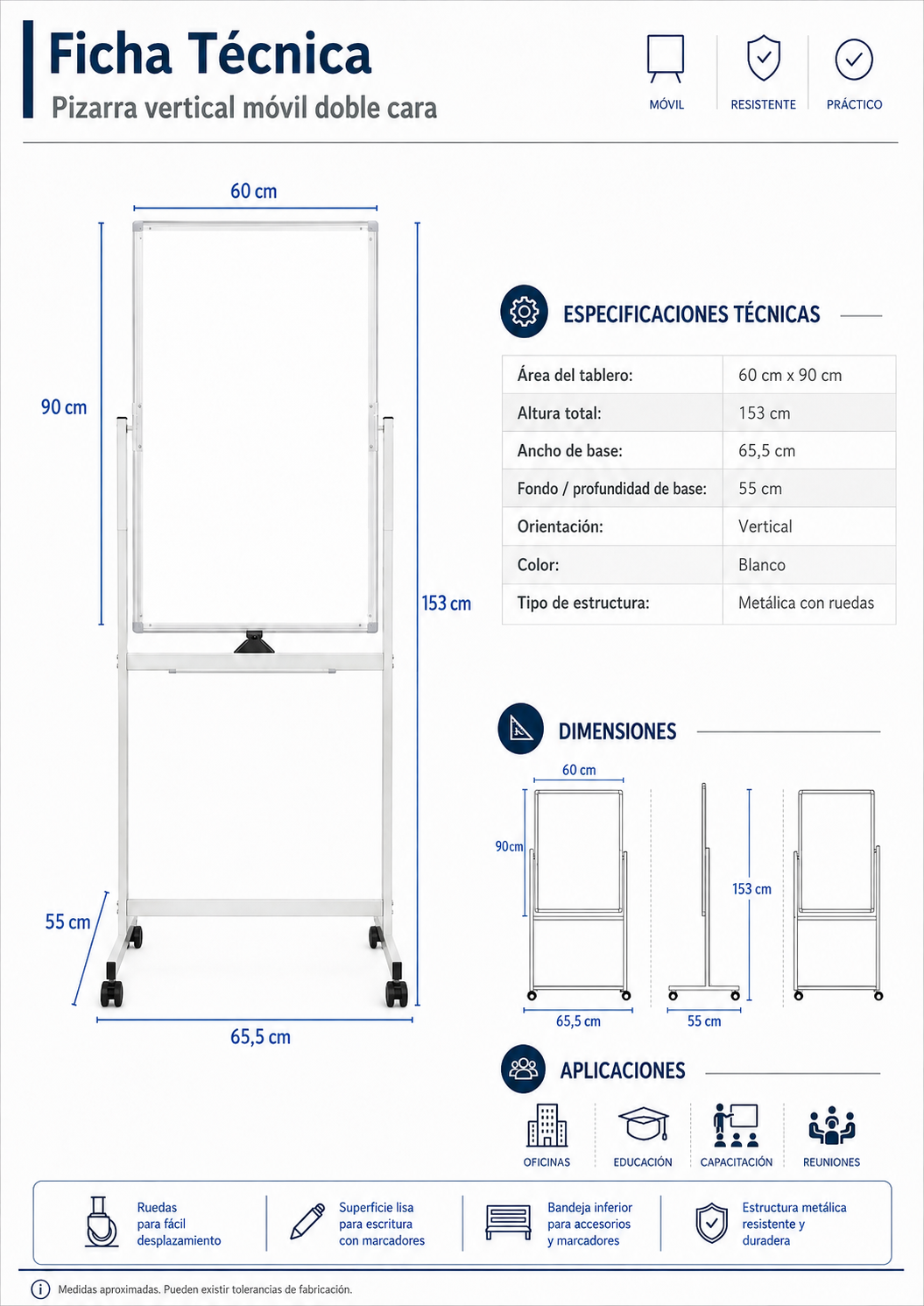 Pizarra Classic Móvil Magnética Doble Cara 60x90cm-5
