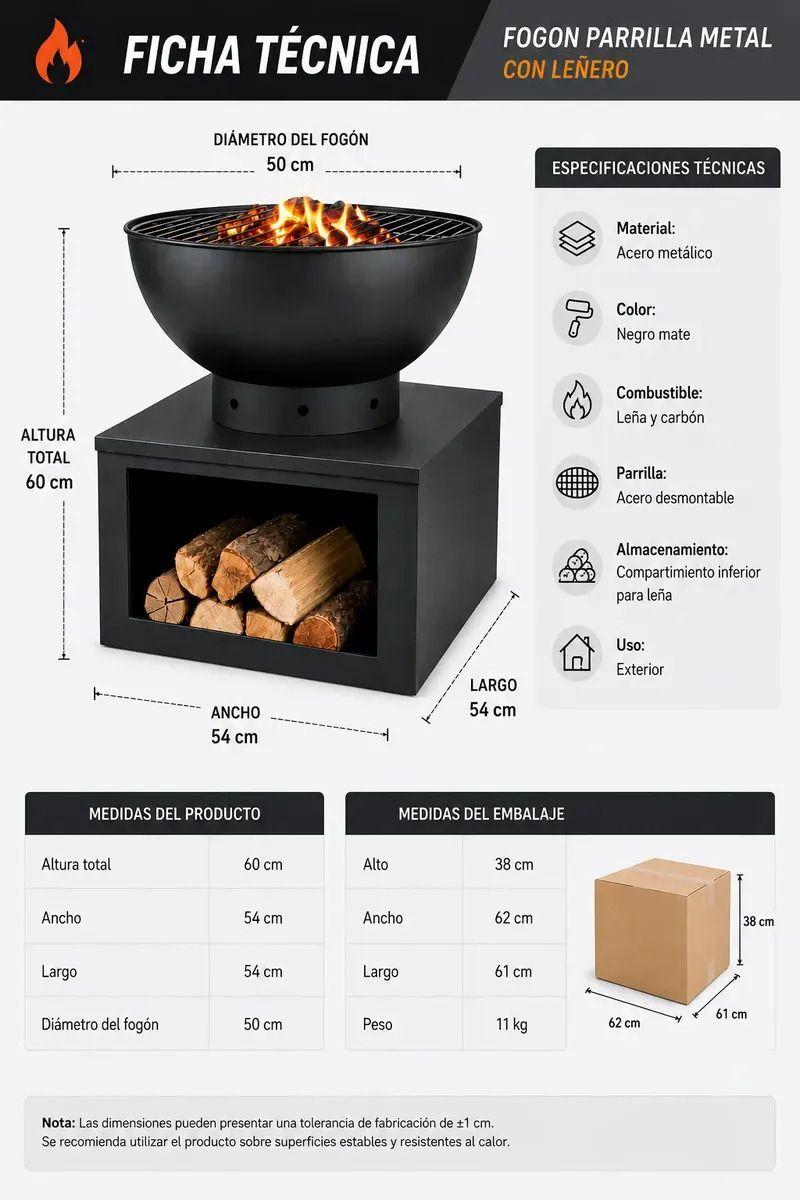 Fogon Parrilla a la Metal con Guarda leña 54x54x60cm-6