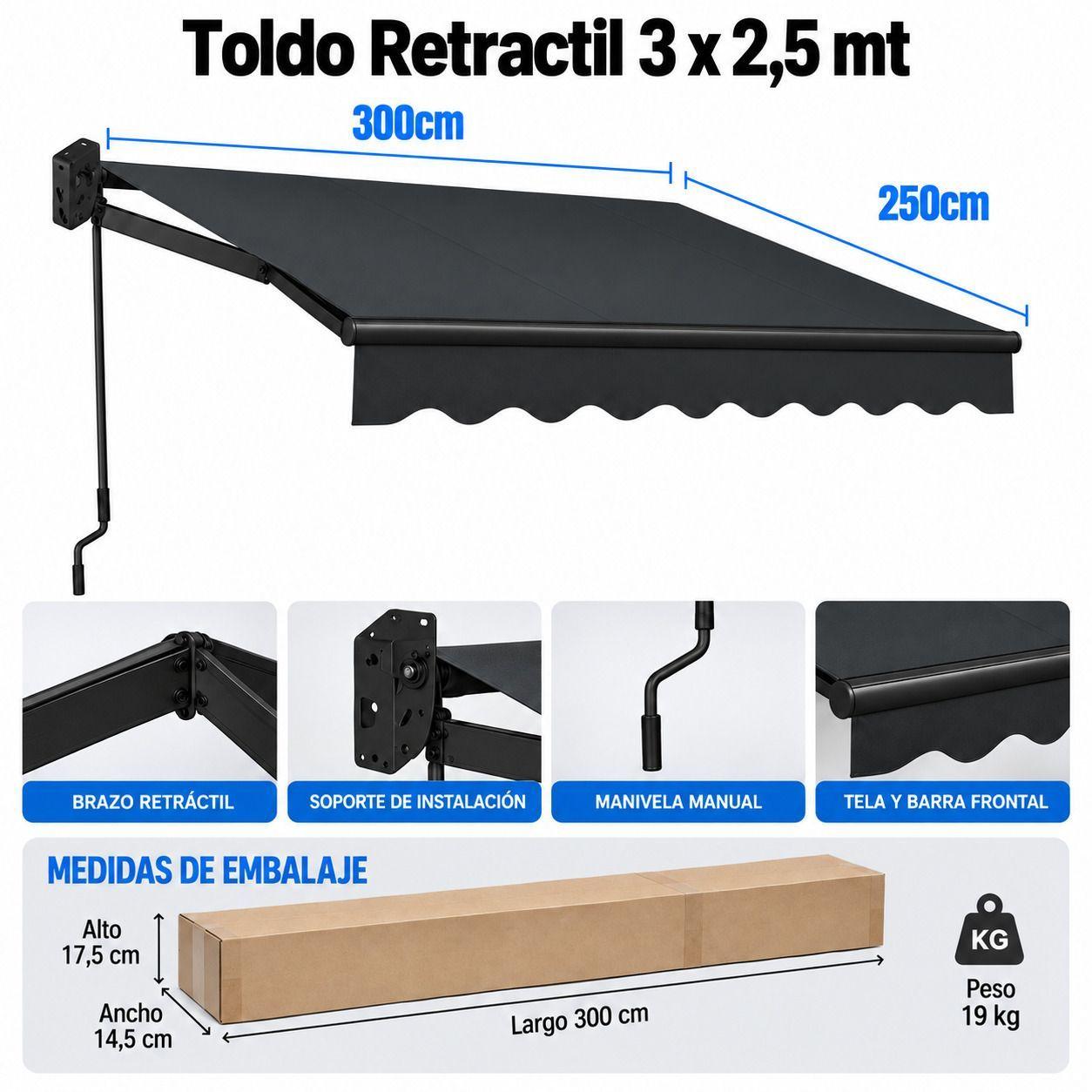 Toldo 3X2.5mt con Brazo Retractil Negro-3
