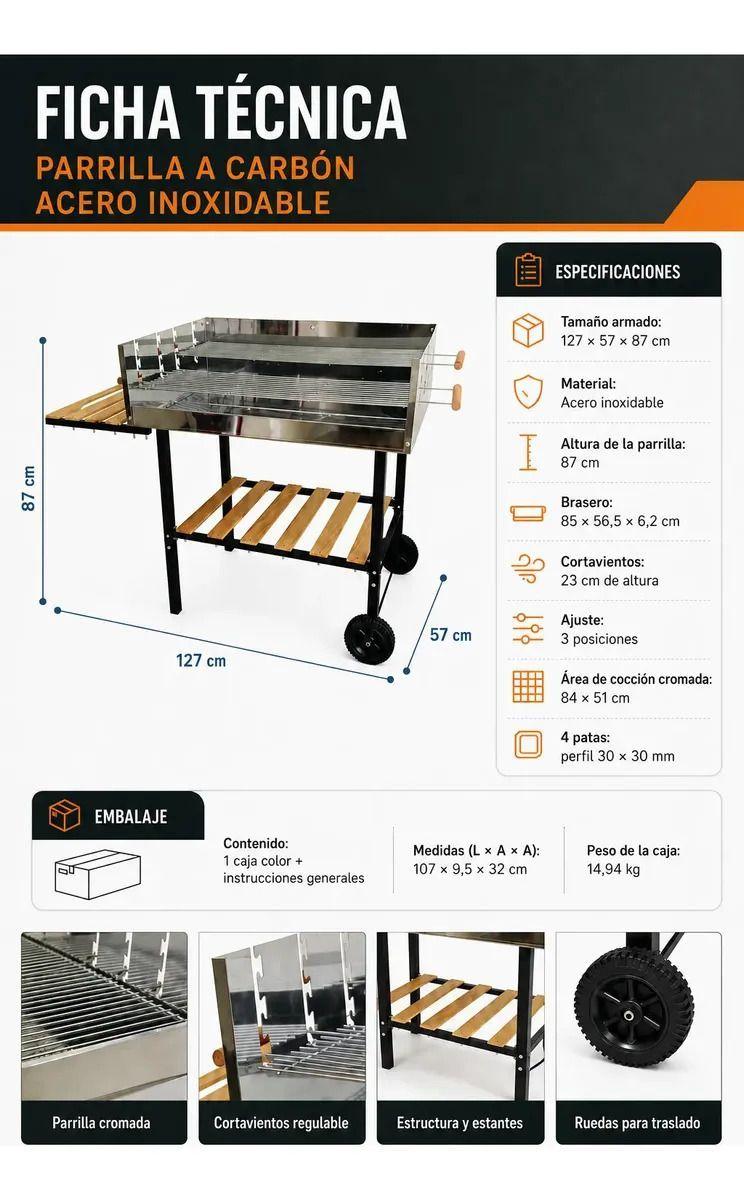 Parrilla Carbón Acero Inoxidable Con Ruedas-6