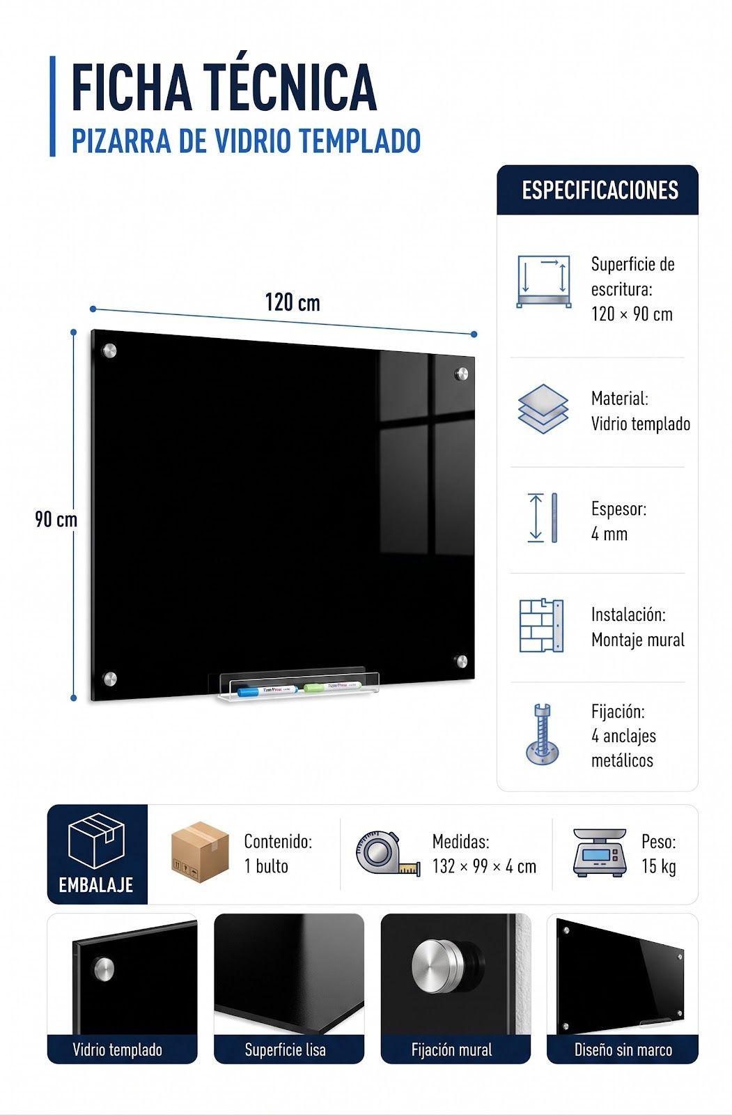 Pizarra 90x120cm Glass Pro Vidrio Templado Negro-2