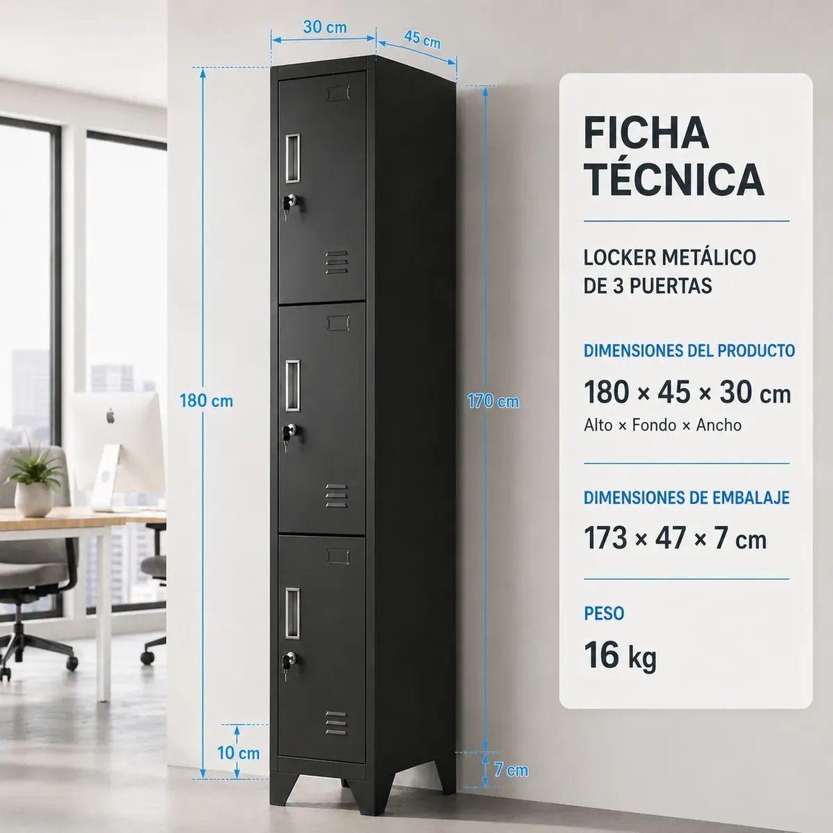 Locker 1 Cuerpo 3 Casilleros 180x30x45cm Negro-4
