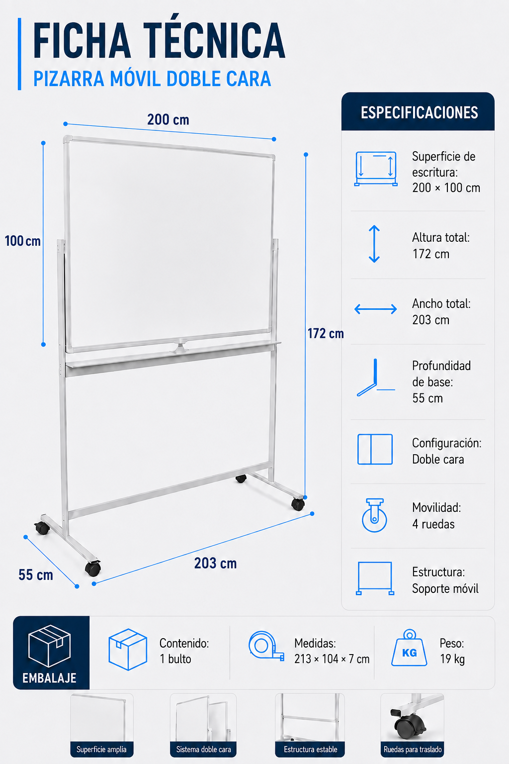 Pizarra Classic Móvil Magnética Doble Cara 100x200cm-4